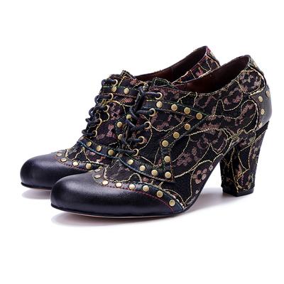 Retro Rivet Fashion High Heels Pumps Handmade Genuine Leather Splicing Women's Shoes