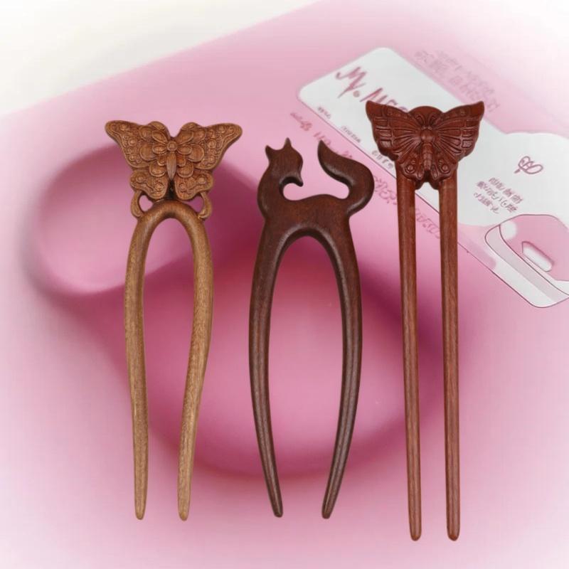 Bâton à cheveux en bois Fourchette à cheveux en forme de U Chat Papillon Style Chinois Épingle à cheveux Mode Coiffure Accessoires pour cheveux Fille