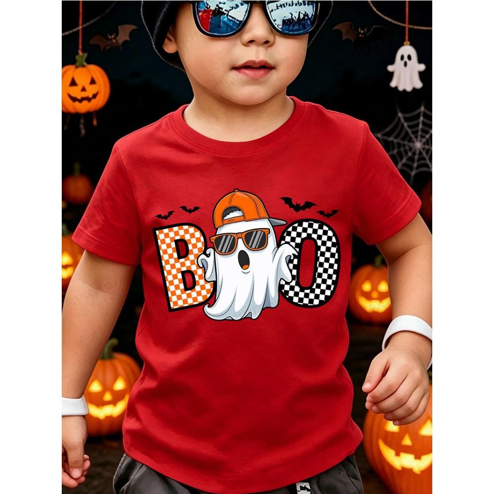 Kids T-shirt Cool Ghost Boo Graphic Tee Short Sleeve Round Neck Toddler Tshirts Trick or Treat Tops Halloween Party Costume Top
