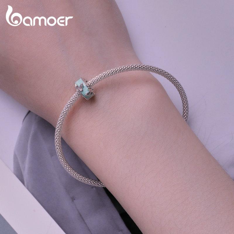 BAMOER 925 Sterling Silver Mint Green Enamel Butterfly Clip Charms Round Beads for Women Original Silver Bracelet Fine Jewelry