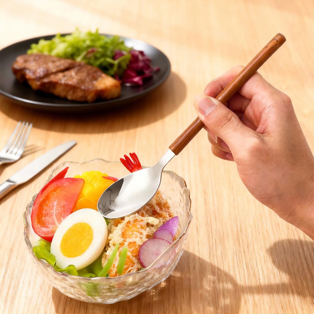 304 Stainless Steel Tableware Set Wood Grain Plastic Handle Knife Fork Spoon Reusable Camping Picnic Cutlery Set Dishwasher Safe
