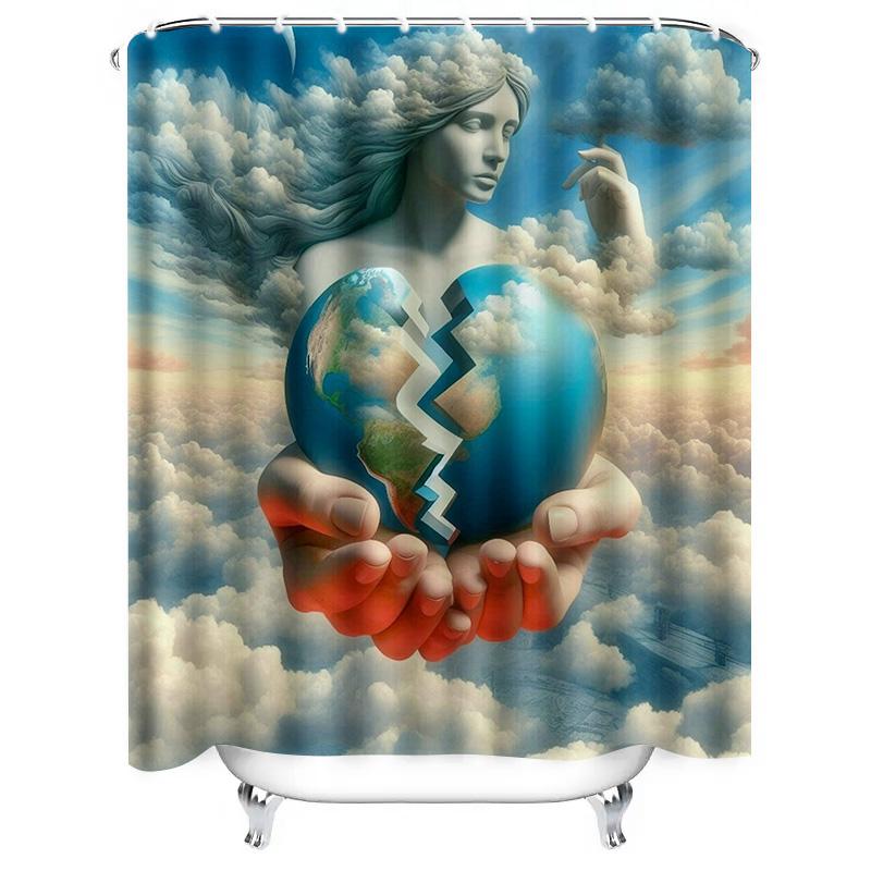 Surreal Woman with Clouds and Broken Earth Shower - Waterproof, Mildew-Resistant, Machine Washable for Unique Bathroom Decor