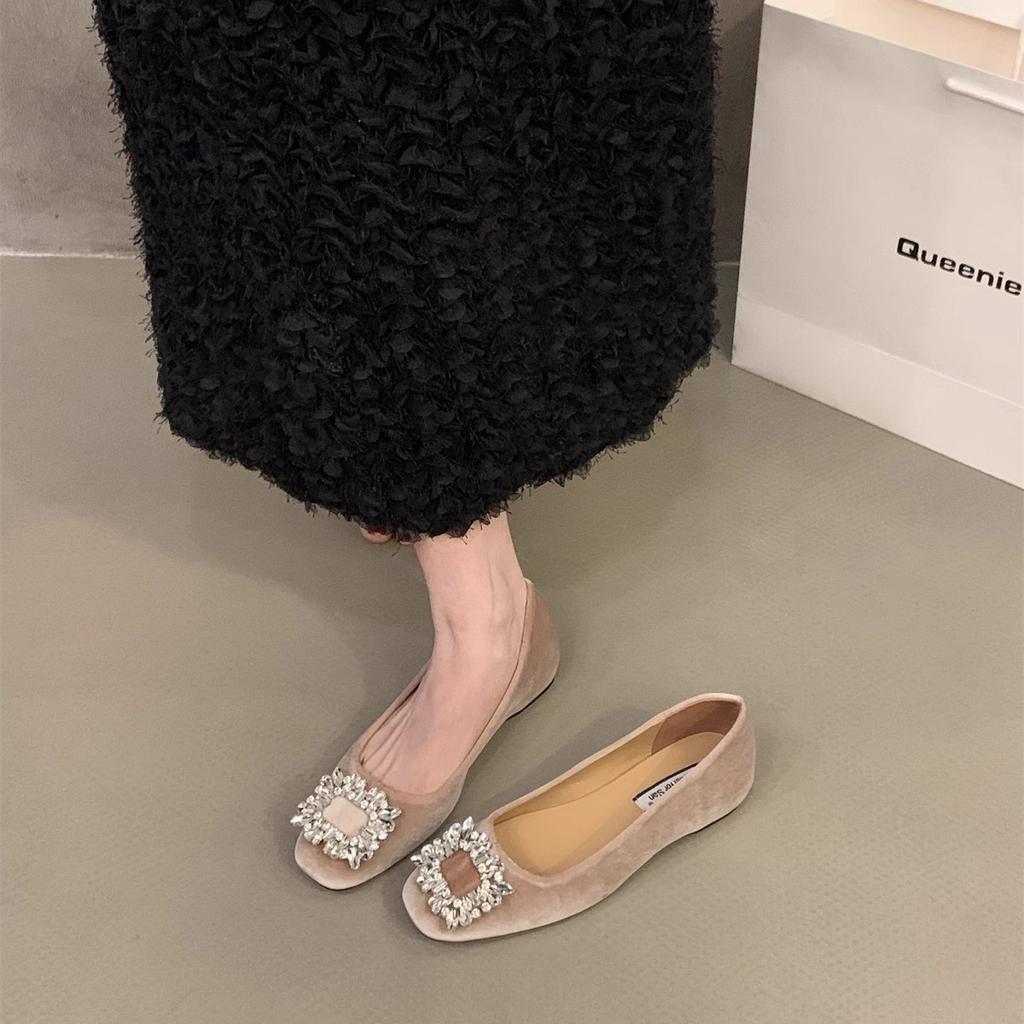 Inner Heightening Suede Rhinestone French Small Single Shoes Women's Shoes 2025 New Spring and Autumn Evening Shoes Black Commuter Shoes
