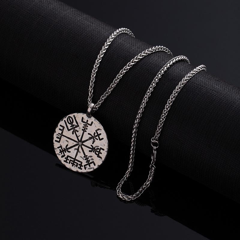 Male Retro Compass Rune Pendant Necklace Nordic Viking Trendy Cool Personality Neck Chain Totem Necklace
