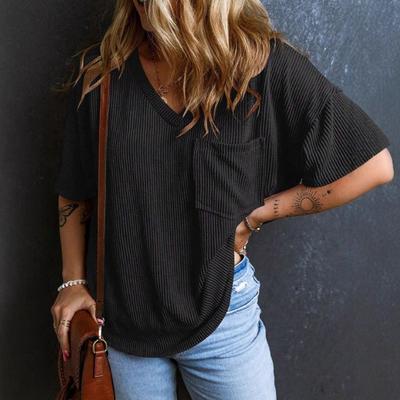 Women T-shirt V-Neck Short Sleeve T-Shirt with Pocket Trim Solid Color Casual Loose