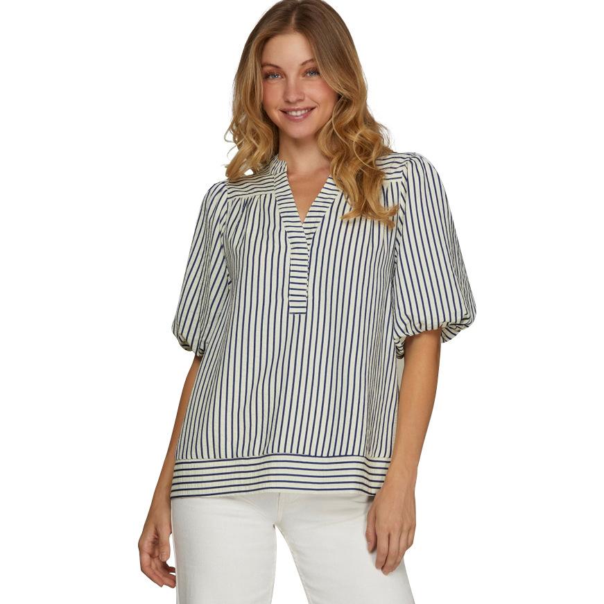 

Green White Stripe Short Sleeve V-Neck Blouse with Puff Sleeves S темно-синий