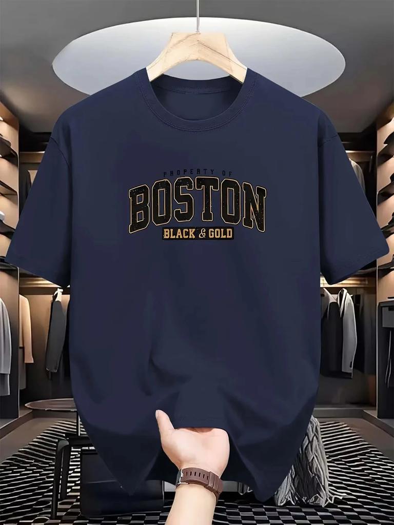 2025 Men's Casual Fashion Trend round-neck T-shirt, Boston print, 100% pure cotton short-sleeved summer top