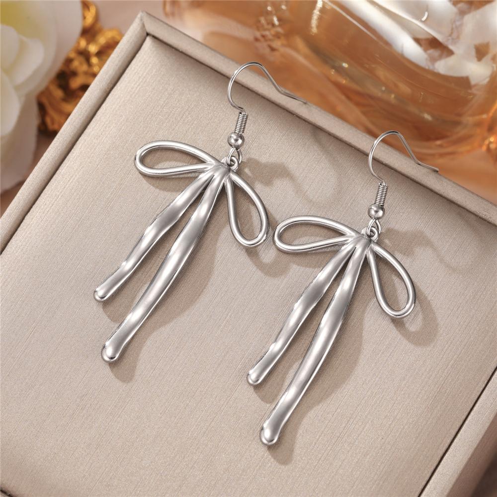 

Unift Gold Color Bowknot Earrings Ribbon Bows Long Dangle Earrings Dainty Women Stainless Steel Zircon Minimalist Wedding Gift