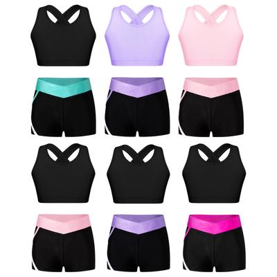 Kids Girls Sleeveless U Neck Shoulder Straps Cross At Rear Crop Top with Low Waist Elastic Side Striped Shorts for Running Gym Workout