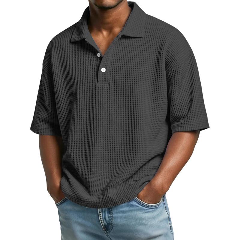 Men Waffle Knit Solid Color Short Sleeve Casual Loose Fit Polo Shirt