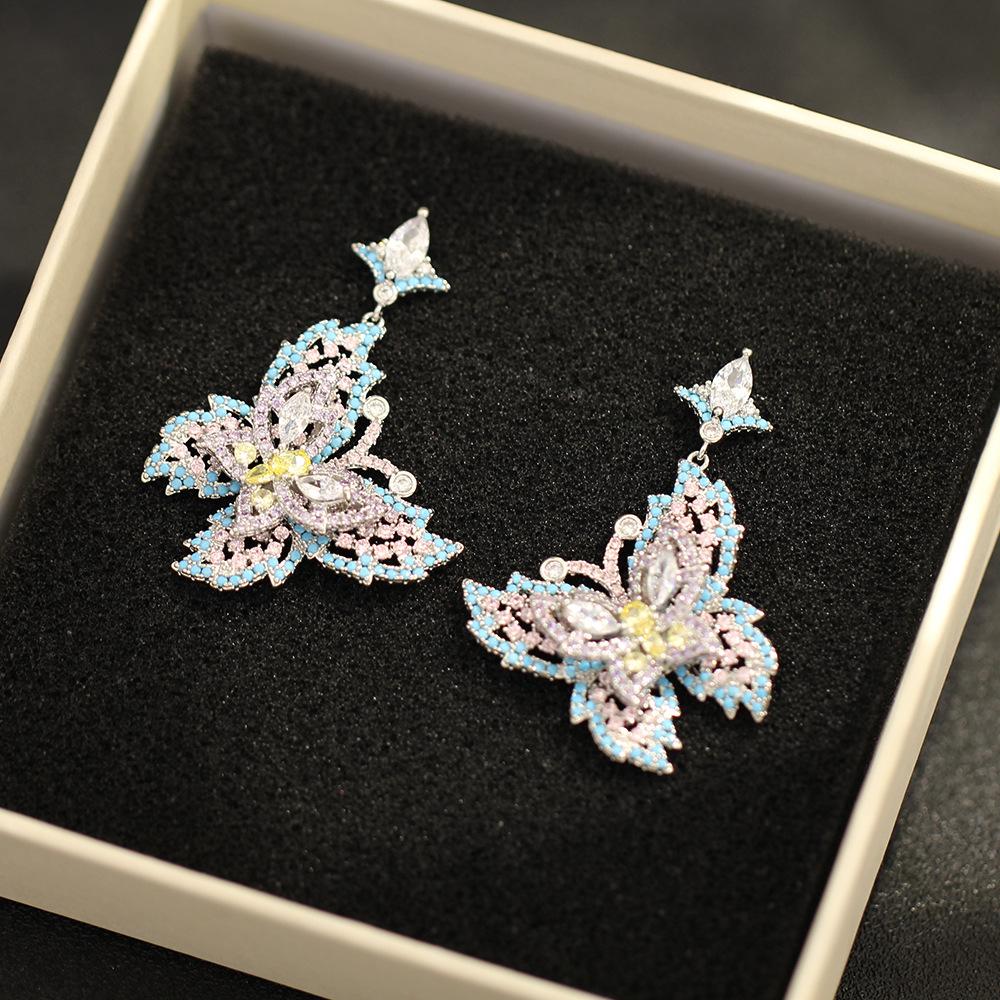 Heavy Industry Micro-inlaid Zircon Blue Butterfly Earrings Elegant Light Luxury Insect Earrings 925 Silver Needle Dinner Earrings Women's