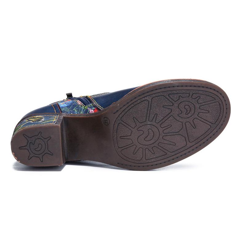 Johnature Vintage Floral High Heeled Women's Boots Genuine Leather Shoes Hand-painted Belt Buckle Fashion Short Boots