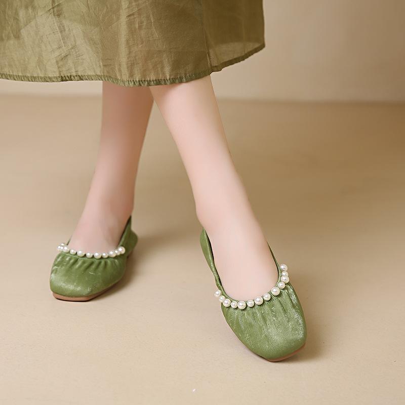 Soft~ Sweet Pearl Flat Ballet Single Shoes Women's New Chinese Style Square Head Soft Sole Doudou Shoes Grandma Shoes