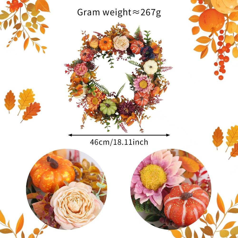 1 Pcs Fall Wreath Vibrant 18'' Fall Wreath With Pumpkins & Flowers - Perfect For Thanksgiving Artificial Flowers Decorations