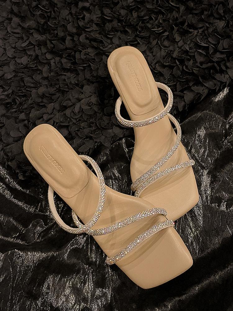 2025 new summer wear women's stiletto high heels French temperament beautiful exquisite rhinestone word with cool slippers