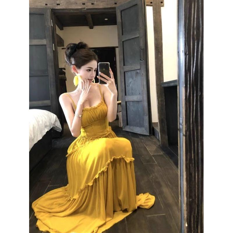 Kumikumi Design Sense Mesh Patchwork Sling Dress Women Summer Seaside Holiday Style High Waist Slimming Long dress