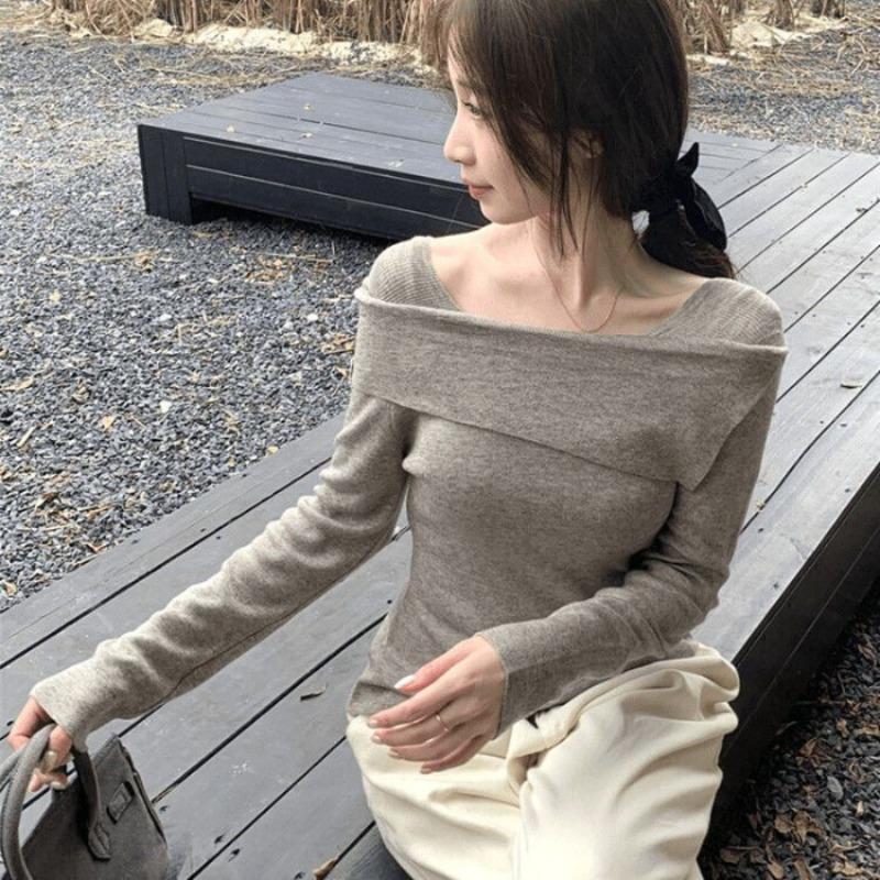 Irregular one-word shoulder sweater women's spring slim-fit babes top chic knitted bottoming shirt