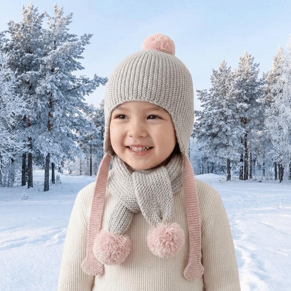 Ear Cap Children Scarf Hat Set Fur Ball Warm Knitted Cap All-match Wool Beanie Hat Outdoor