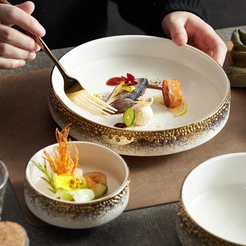 Ceramic Round Tableware Household High-foot Bowl High-end Restaurant Salad Fruit Bowl Artistic Conception Dish Fusion Dish