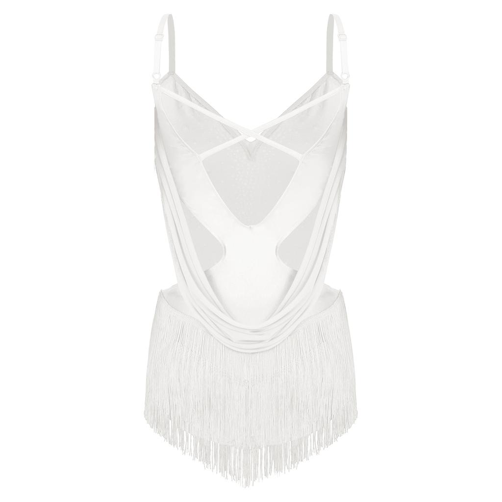 Womens Dance Leotard Ruched Mesh Drapes Glittery Rhinestones Adjustable Straps Cutout Fringe Bodysuit Performance Wear