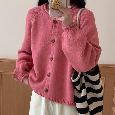 Autumn and Winter New Versatile Sweater Jacket Soft Waxy Outer Wear Solid Color Curled Edge Simple Wind Round Neck Knitted Cardigan Women