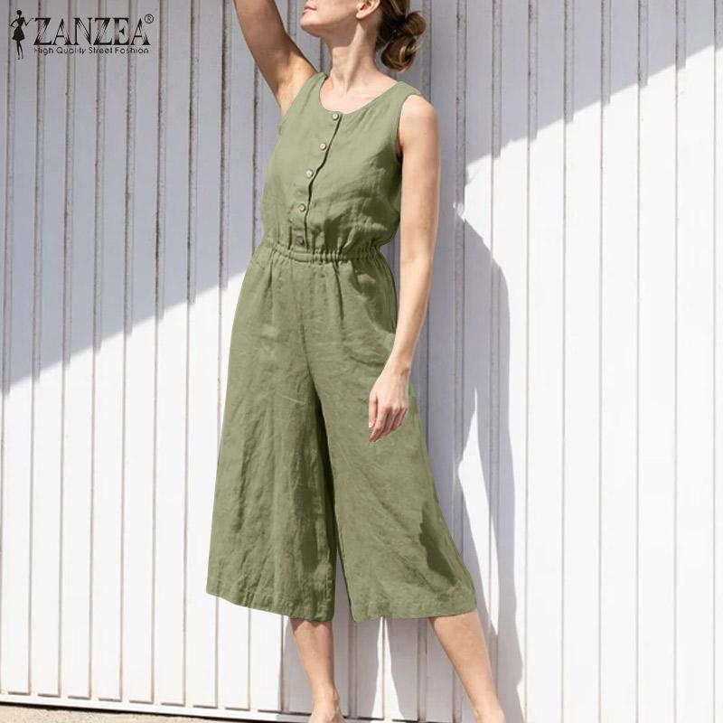

ZANZEA Летние повседневные женские хлопковые комбинезоны без рукавов с круглым вырезом
