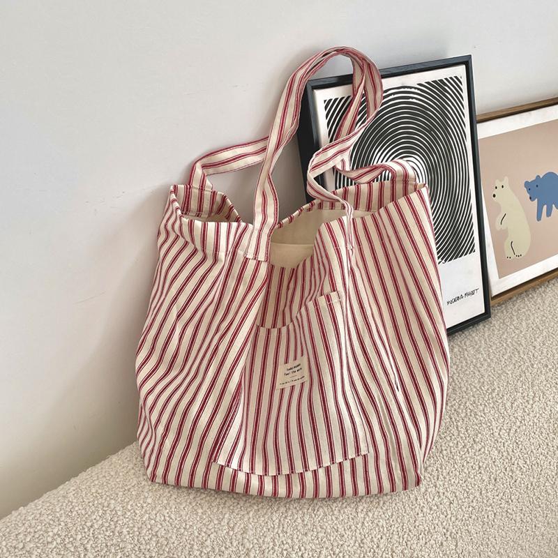 Women's Tote Bag Striped Canvas Casual Handbags For Women Simple Shopping Large Capacity Woman Shopper School Shoulder Bag AVE