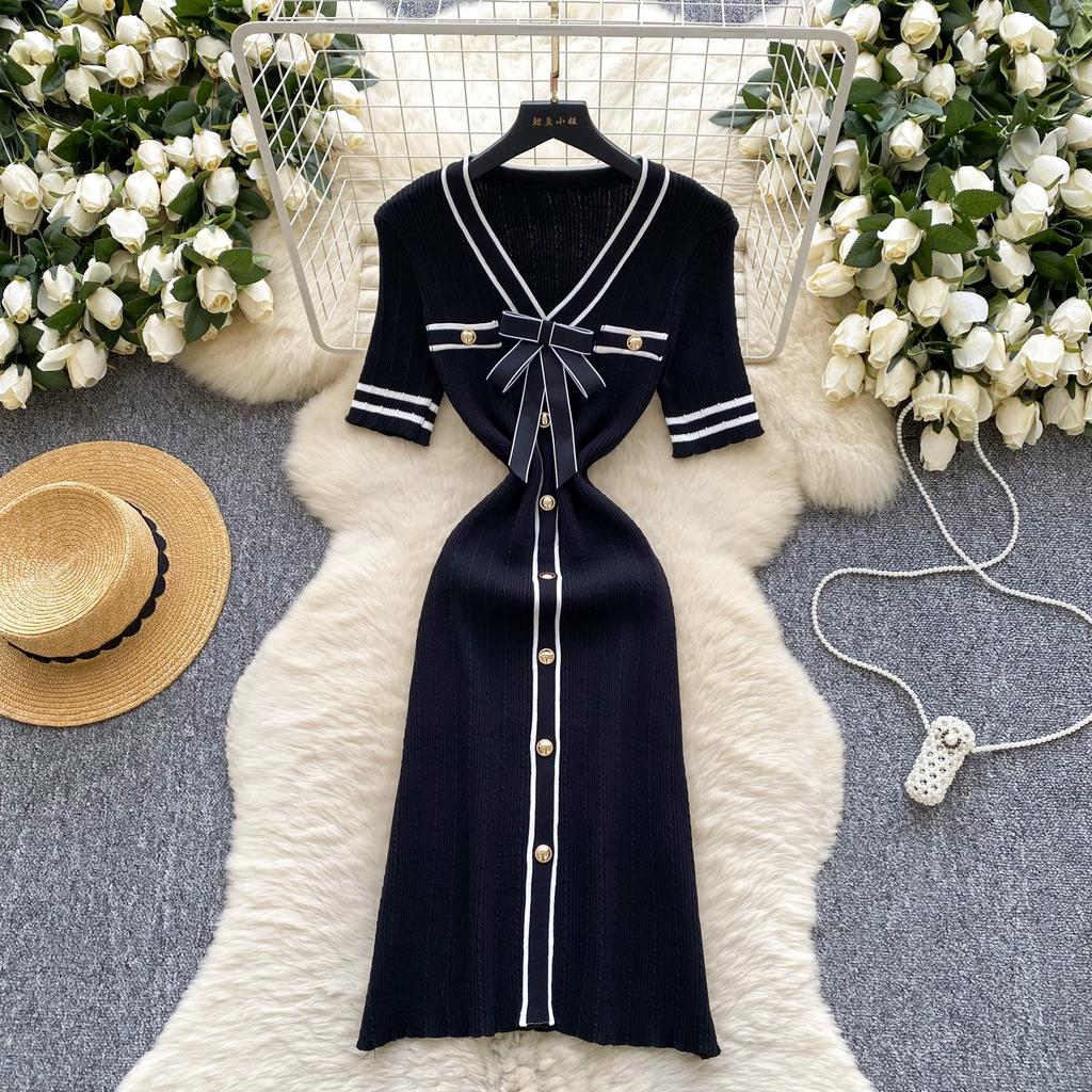 Summer Women Sweet Bowtie V-neck Short Sleeve Knitted Sweater Pullover Dresses
