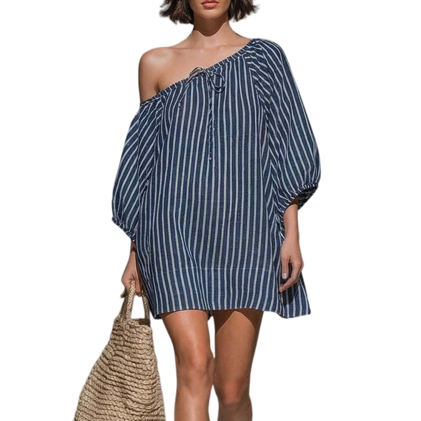 Ladies  Casual Fashion Striped Sloping Shoulder Loose Dress L