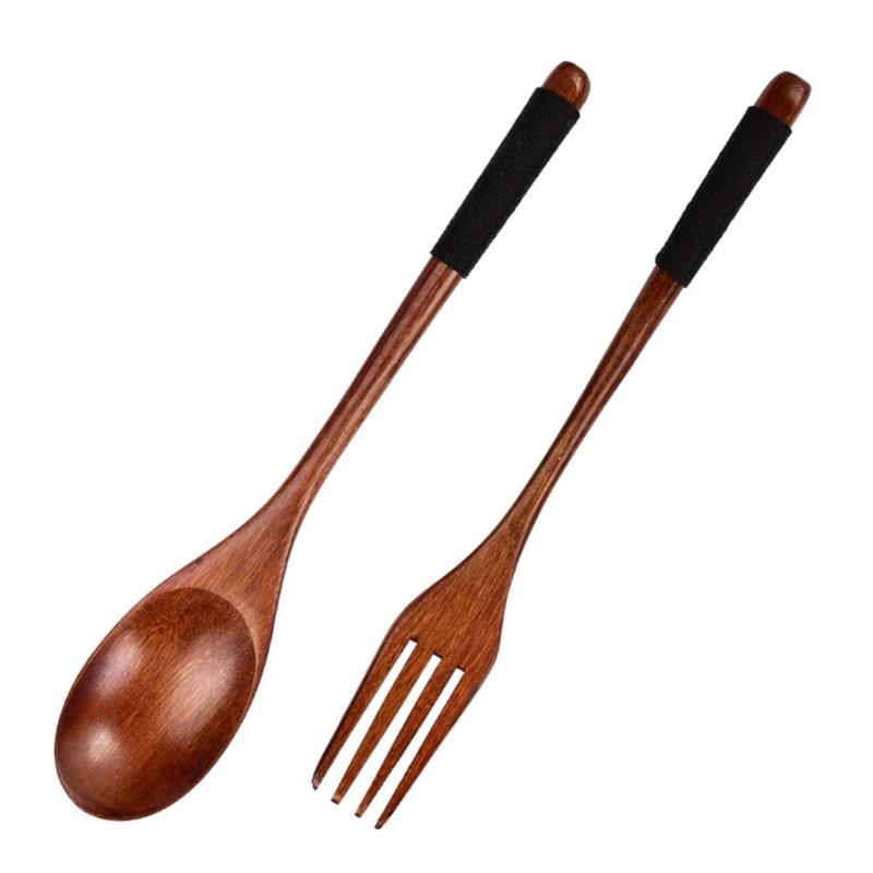 

Japanese Style Long Handle Wooden Spoon And Fork Kitchenwares Set Portable Durable Utensils For Soup Serving Cooking Tool чёрный