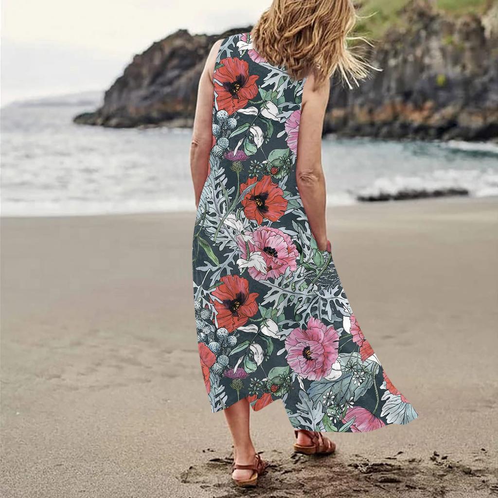 ქალთა შემთხვევითი კომფორტული ყვავილების პრინტით უმკლავო ბამბის ჯიბის კაბა