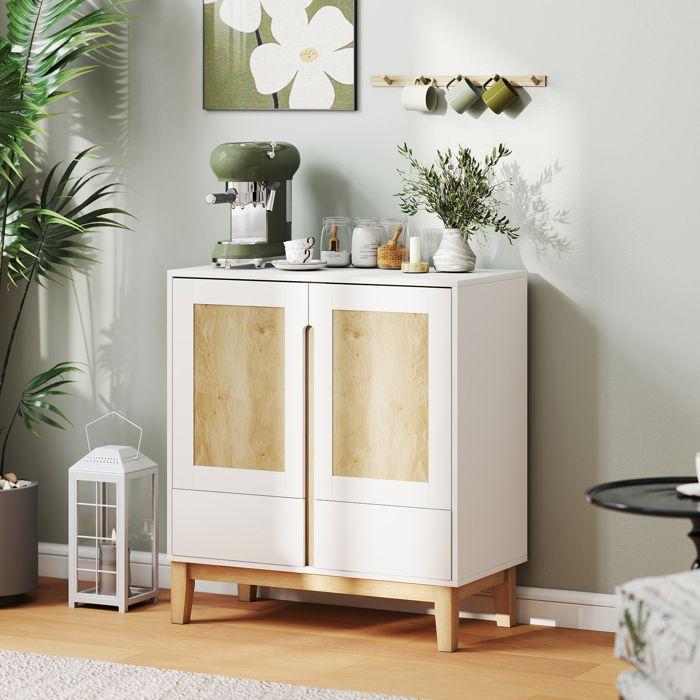 Buffet - HOMCOM - 2 portes, 2 tiroirs et étagère réglable, pieds en bois de caoutchouc - style nordique - 80 x 40 x 86 cm - blanc