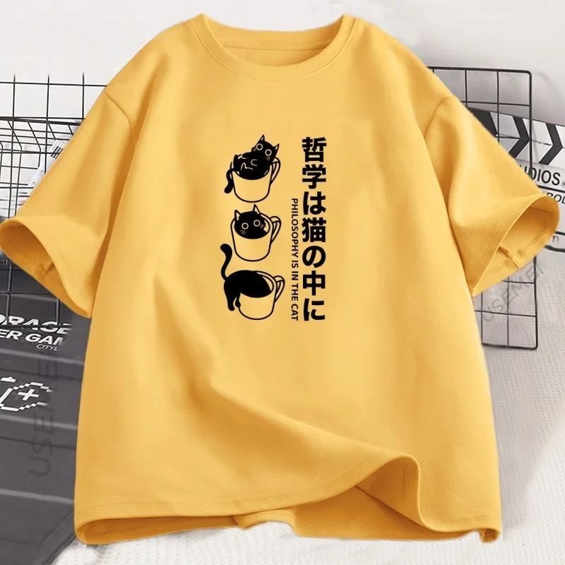 

Смешная футболка каваи с кошкой, японская футболка для любителей кофе с кошкой, женская уличная одежда, одежда Харадзюку, милая футболка с черной кошкой, женские топы 4XL