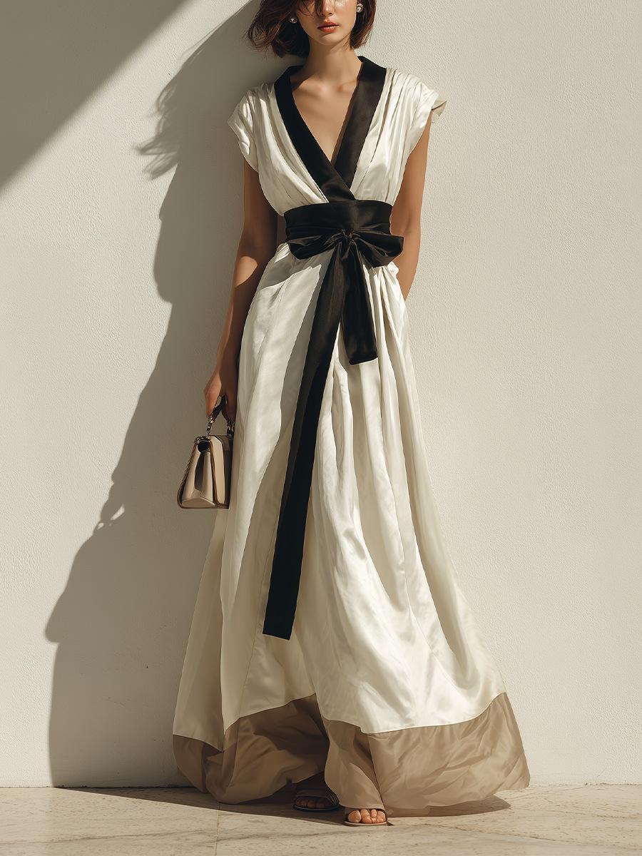 Foreign trade women s clothing 2026 summer new contrasting color V-neck waist thin lace-up temperament long dress S белый
