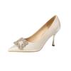 2026 New Rhinestone Square Buckle Sardine Satin Thin Heel Fashion Pointe Fattened Wide Large Size Single Shoes Women