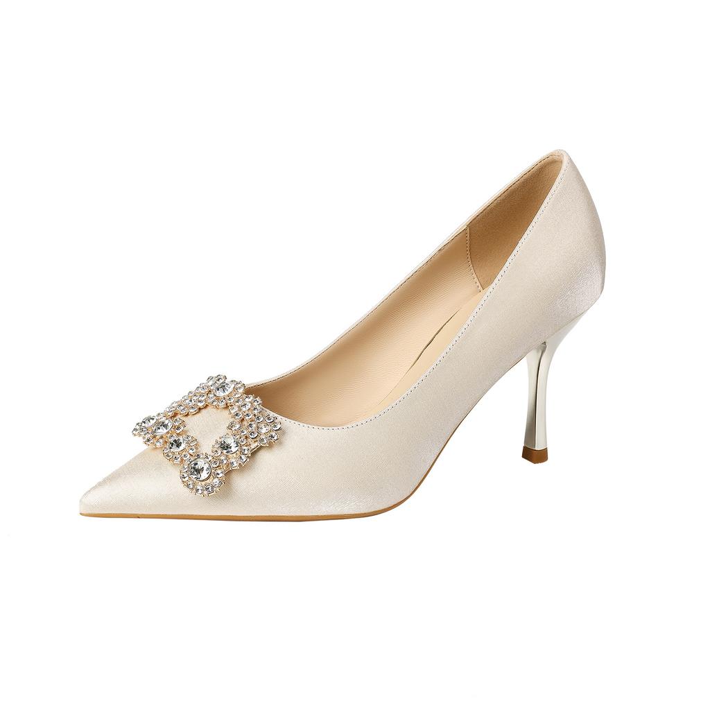 2026 New Rhinestone Square Buckle Sardine Satin Thin Heel Fashion Pointe Fattened Wide Large Size Single Shoes Women