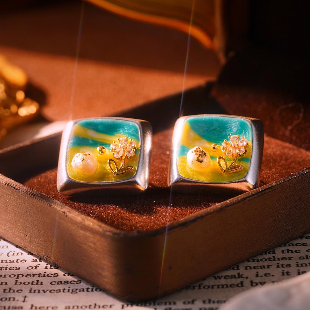 Baroque Natural Pearl Earrings 925 High-end Retro New Chinese Oil Painting New Niche Women's Earrings