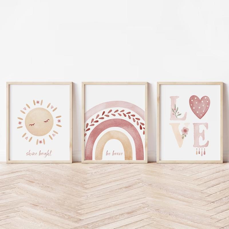 Boho styl Duhová série Plátno Malba Růžové Slunce Láska Srdce Útulné Nástěnné Umění Pokoj pro Dívky Trendová Dekorace Nerámovaný Plakát