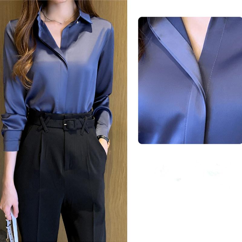Silke Dame Skjorte Langermet Mote Dame Bluser Sateng Topp Dame Skjorter og Bluse Basic Dame Topper Dameklær