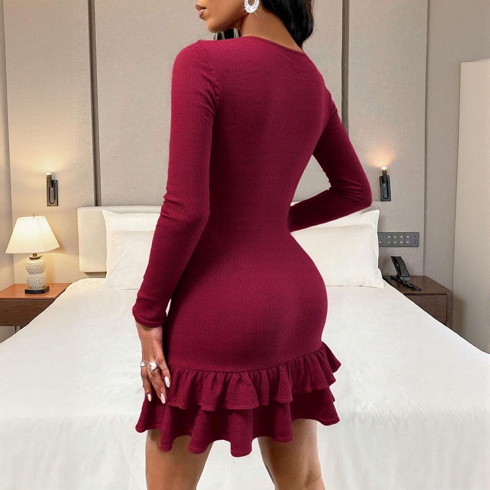 Autumn Winter Casual Slim Elasticity Ruffles Dresses Sexy Hollow Out Elegant Hip Wrap O-neck Long-sleeve Solid Mini Dress Female
