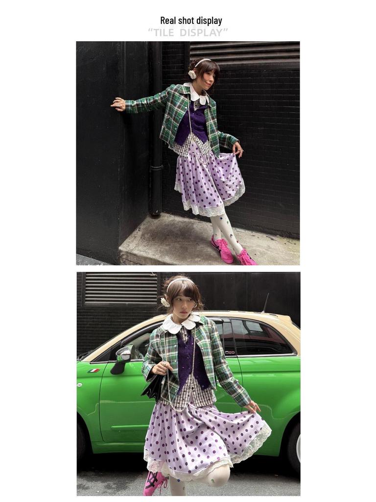 French Polka Dot Lace Patchwork Irregular Purple Midi Satin Skirt for Early Autumn