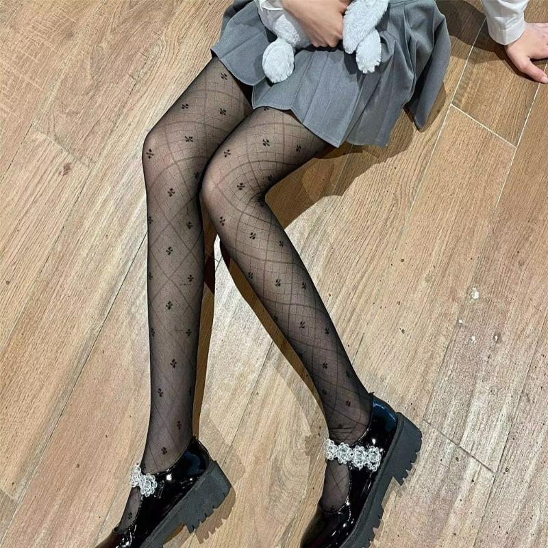 Women's Four Leaf Pattern Pantyhose Stretchy Soft Nylon Stockings Sheer Mesh Tights For Daily Wear And Special Event