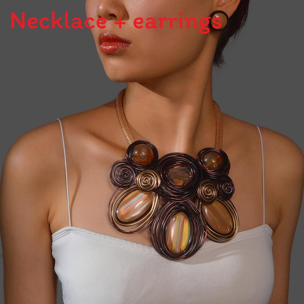 Geometric Exaggerated Crystal Jewelry Set With Alloy Necklace Earrings For Style Youth
