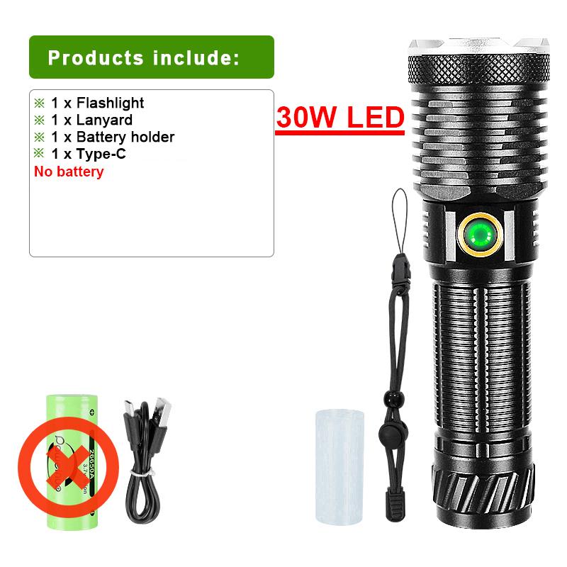 

Портативный фонарик 30 Вт светодиодный ультра мощный фонарь USB перезаряжаемый фонарь масштабируемый мощный фонарь наружное освещение A-No battery