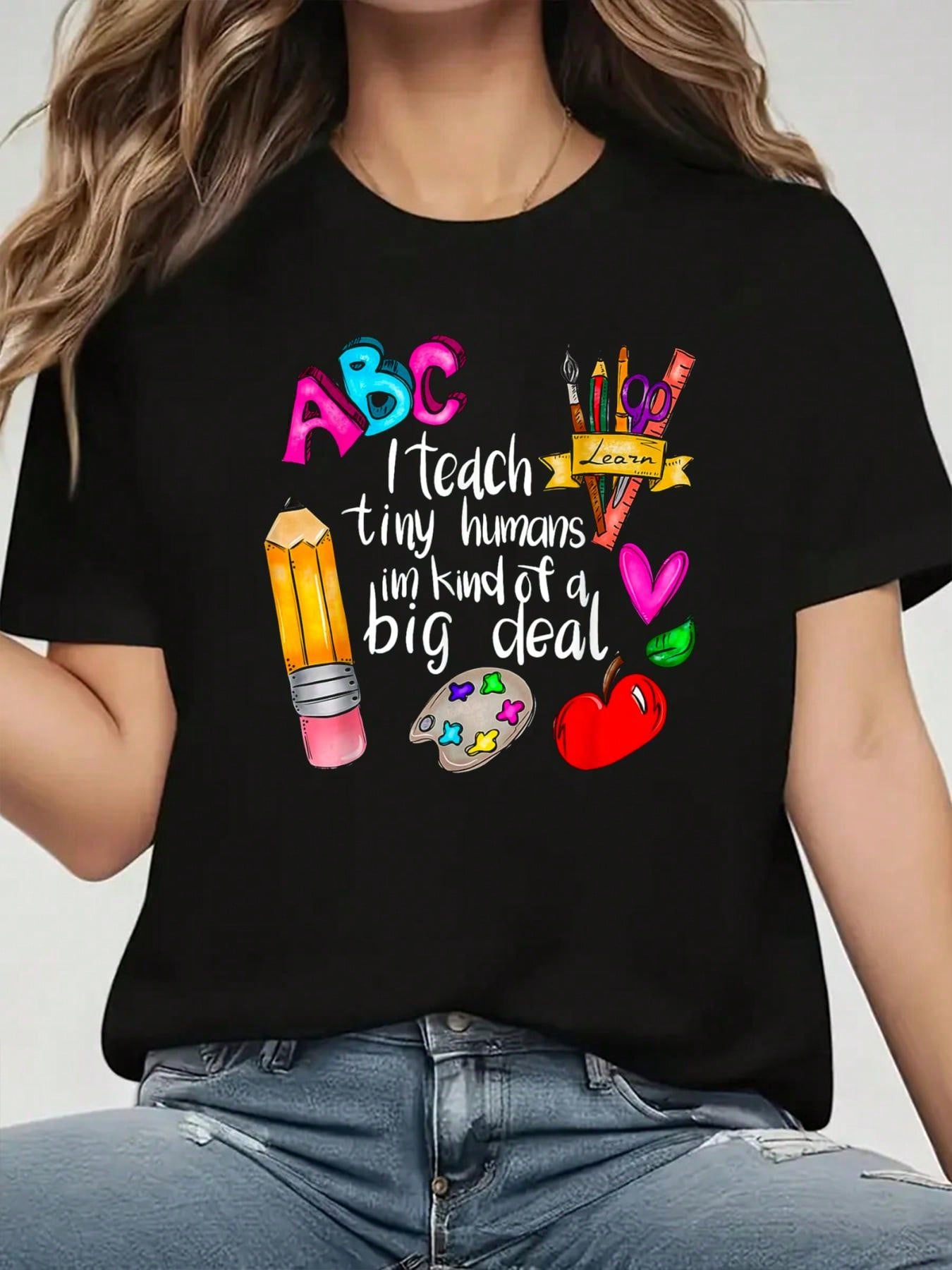 Teacher Life ABC Learn Pencil Apple Heart T-shirt M
