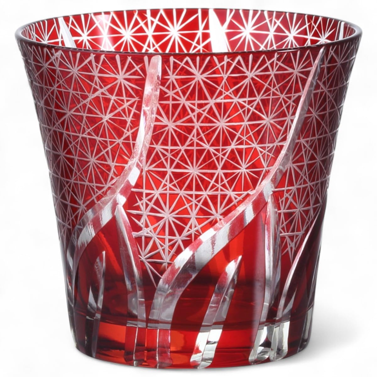 

Mizukage Kiriko Glass Ranbori Komon with Bottom Beautiful Current Model J-kitchens Cup, 94xH85mm, 240cc, (Small Pattern) Red, Engraving, Workmanship,