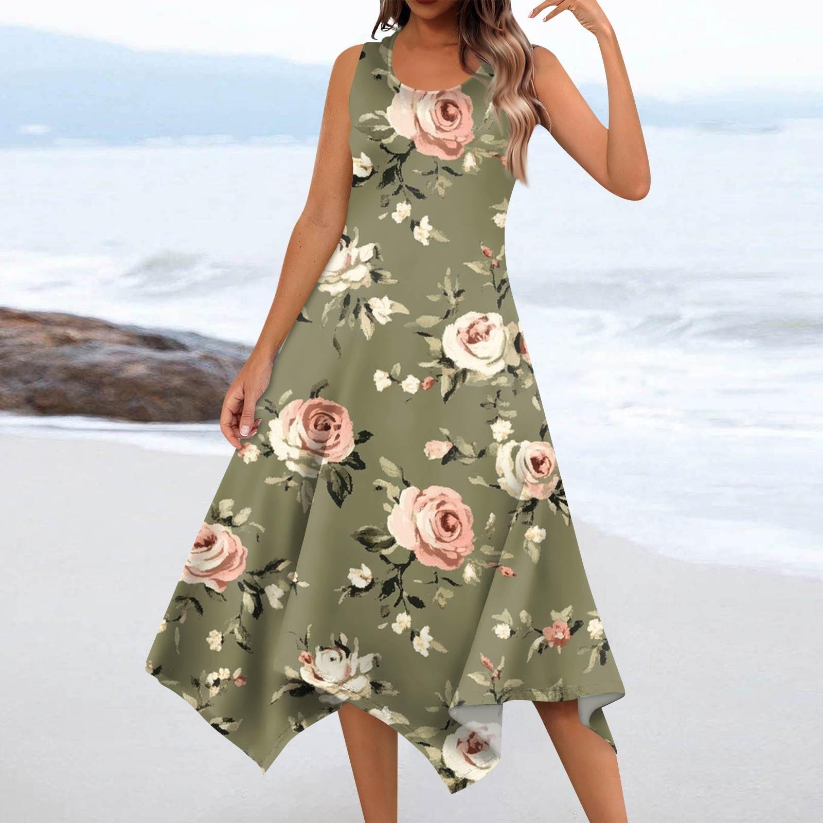 

Женские летние модные платья миди с круглым вырезом без рукавов и цветочным принтом, неровным подолом M