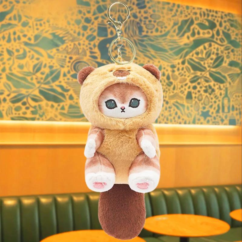 Cute Cartoon Plush Keychain Cross Dressing Raccoon Shark Cat Women Bag Backpack Pendant Plush Toy Doll Girl Key Chain Pendant