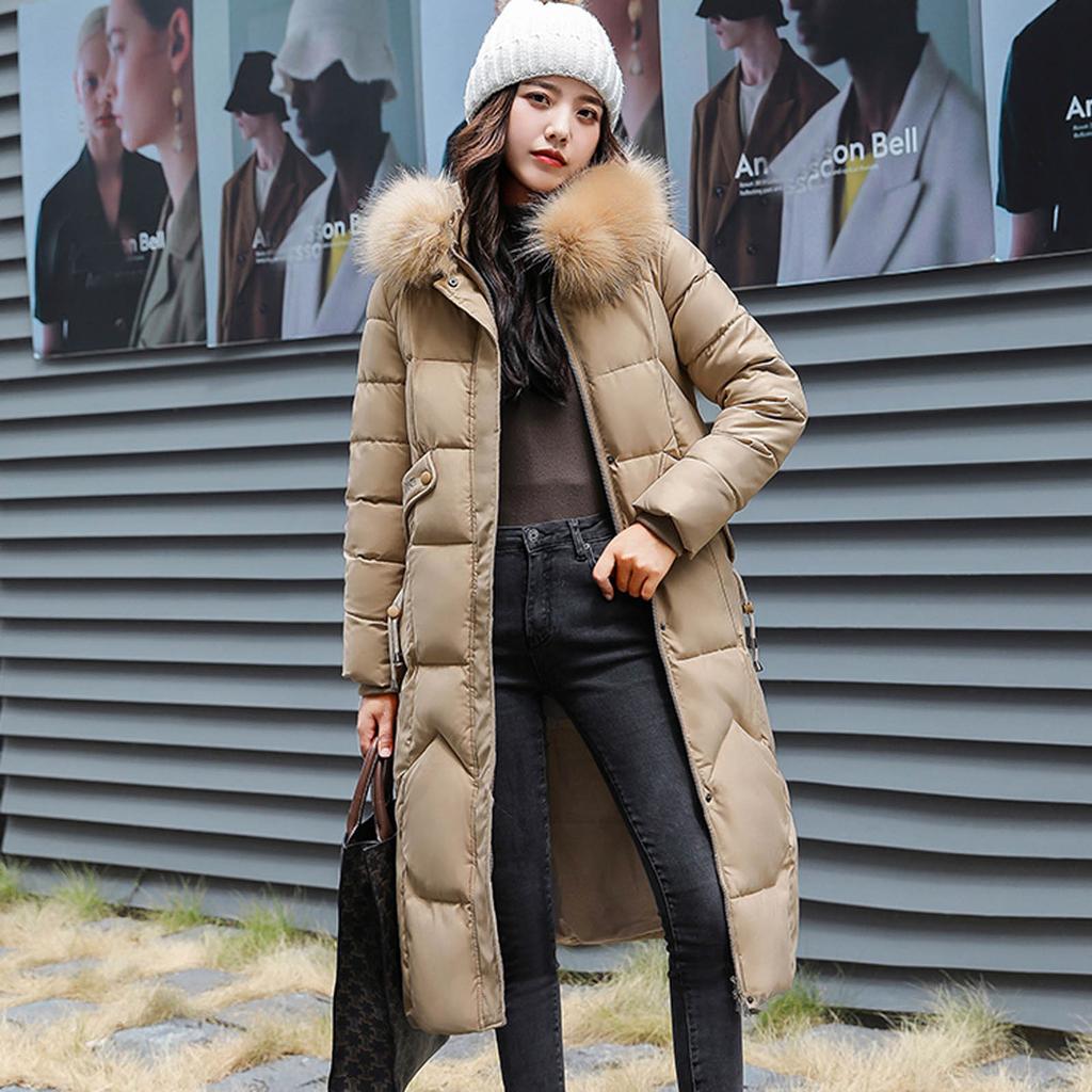 Womens Winter Jacket Warm Overcoat Slim Fur-Hooded Zipper Thicker Coat Outwear