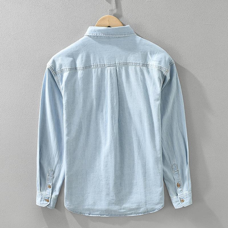 Korean Retro Style Mens Long Sleeve Denim Shirt Pure Cotton Jean Shirt Spring and Summer Casual Shirt Lapel Collar
